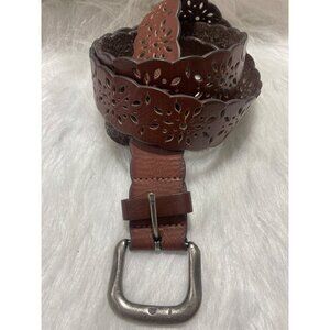 Brown Floral Cutout Leather Belt With Metal Buckle Fits 40"-44" Waist Genuine Le
